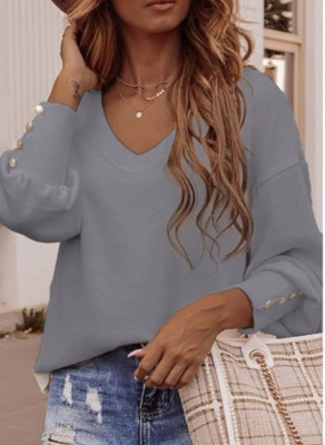2021 High quality Women T-shirt Autumn Winter New Solid Loose ButtonTshirt Long Sleeve V-neck Casual