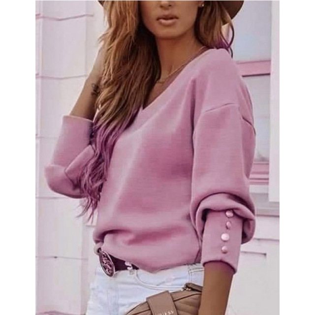 2021 High quality Women T-shirt Autumn Winter New Solid Loose ButtonTshirt Long Sleeve V-neck Casual