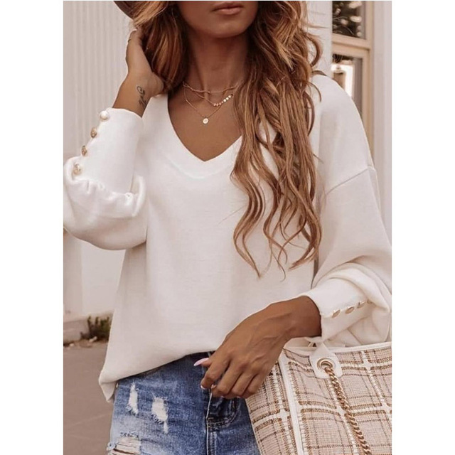 2021 High quality Women T-shirt Autumn Winter New Solid Loose ButtonTshirt Long Sleeve V-neck Casual