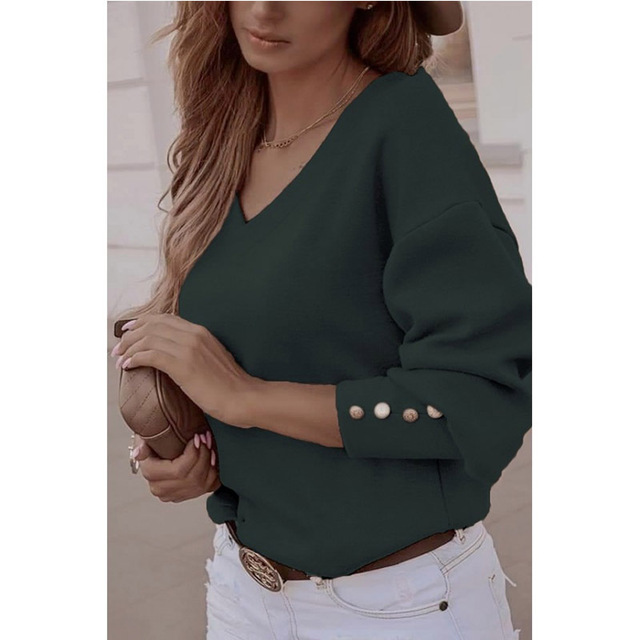 2021 High quality Women T-shirt Autumn Winter New Solid Loose ButtonTshirt Long Sleeve V-neck Casual