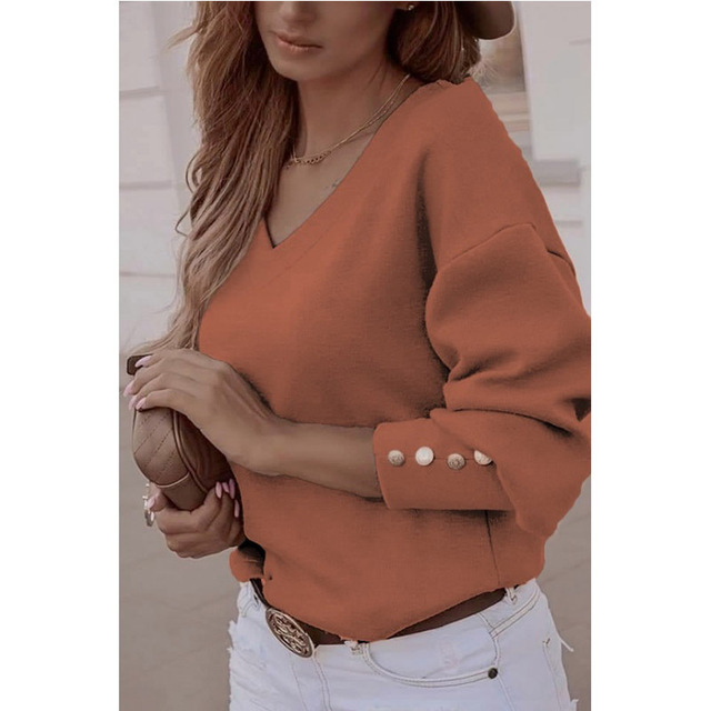 2021 High quality Women T-shirt Autumn Winter New Solid Loose ButtonTshirt Long Sleeve V-neck Casual