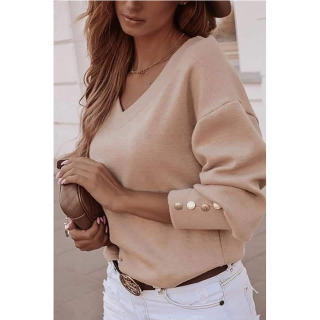 2021 High quality Women T-shirt Autumn Winter New Solid Loose ButtonTshirt Long Sleeve V-neck Casual
