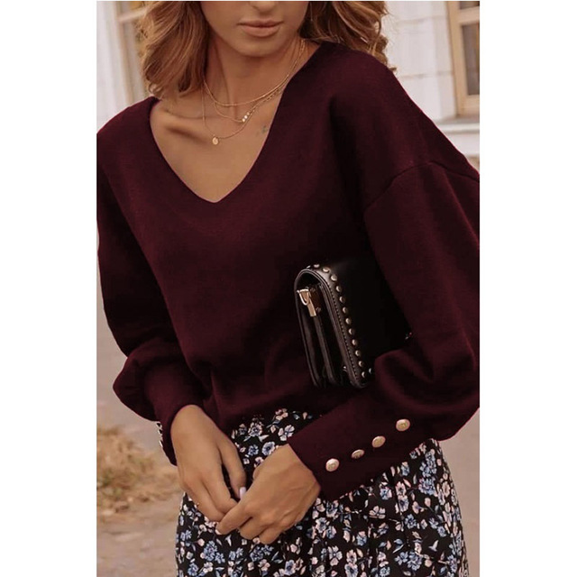 2021 High quality Women T-shirt Autumn Winter New Solid Loose ButtonTshirt Long Sleeve V-neck Casual