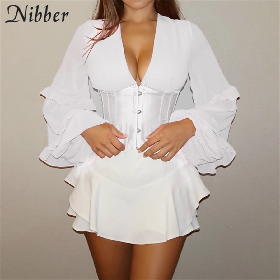 2021 High quality  Patchwork Lantern Sleeve Tops Elegant Bandage Halter Design Top Female