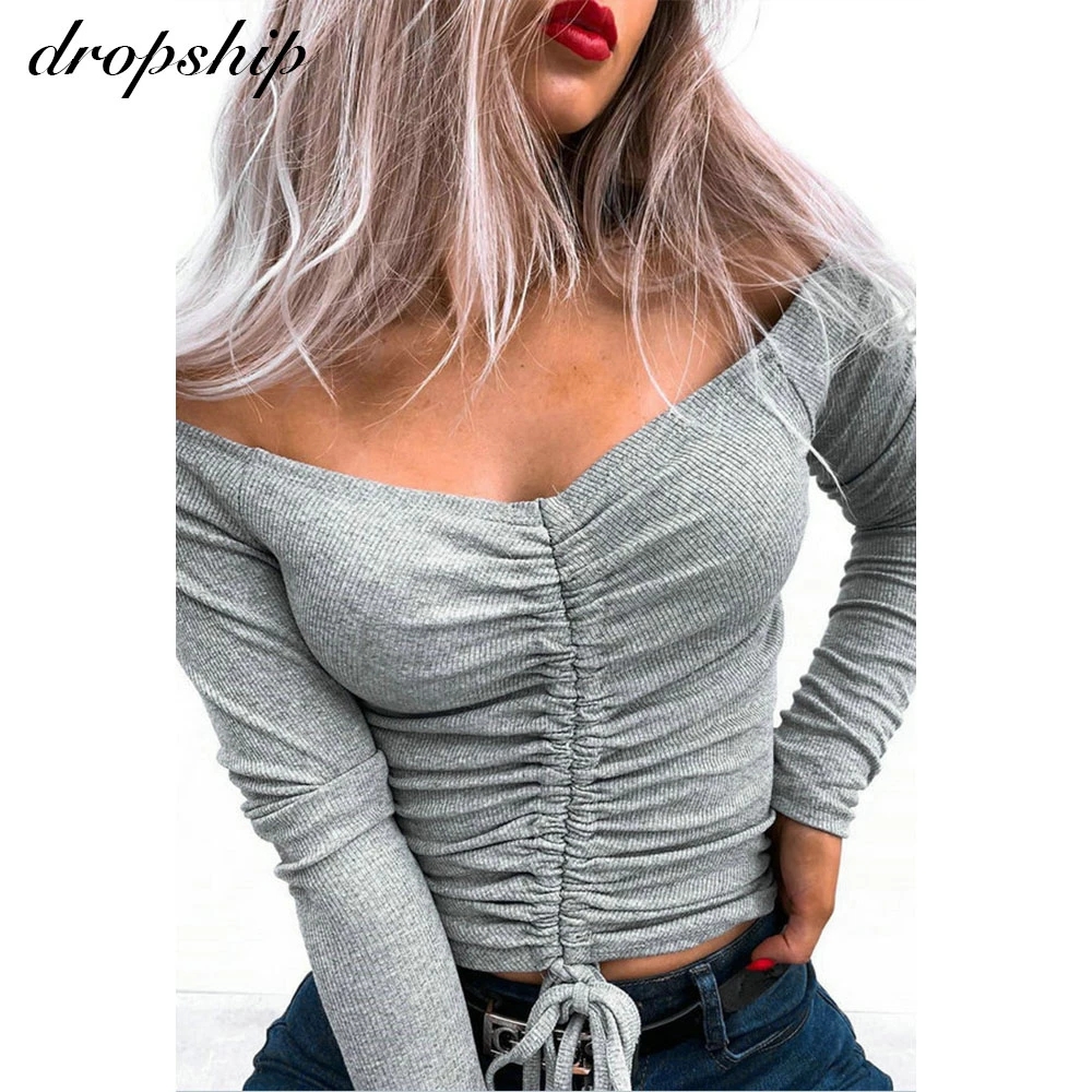 2021 High quality Bandage Slash Neck Blouse Autumn Casual Off Shoulder Blouse Long Sleeve Slim Fit