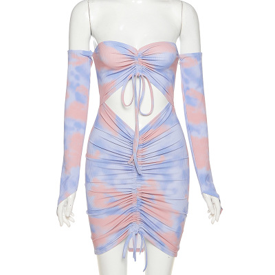 2021 High quality Off Shoulder Tie Dye Dress Woman Fall  Drawstring  Mini Dress New Streetwear Clothes