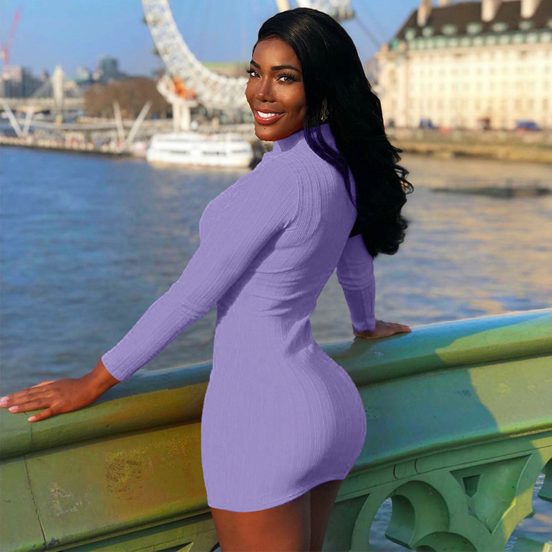 2021 High quality stripe knitted women mini dress turtleneck long sleeve bodycon sexy streetwear autumn winter clothes