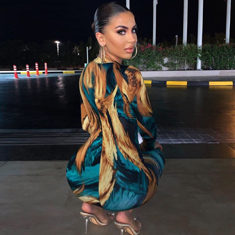 2021 High quality women midi dress  dye print long sleeve bodycon sexy streetwear autumn winter clubwear clothes
