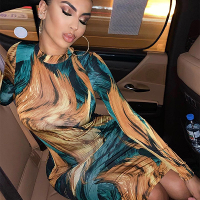 2021 High quality women midi dress  dye print long sleeve bodycon sexy streetwear autumn winter clubwear clothes