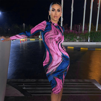 2021 High quality women midi dress  dye print long sleeve bodycon sexy streetwear autumn winter clubwear clothes