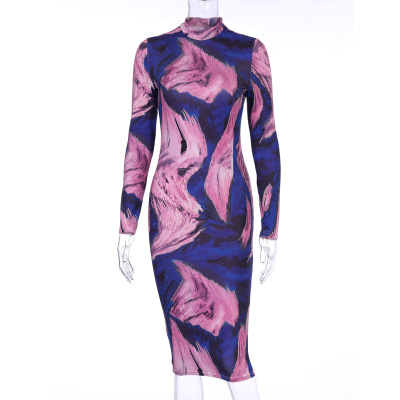 2021 High quality women midi dress  dye print long sleeve bodycon sexy streetwear autumn winter clubwear clothes