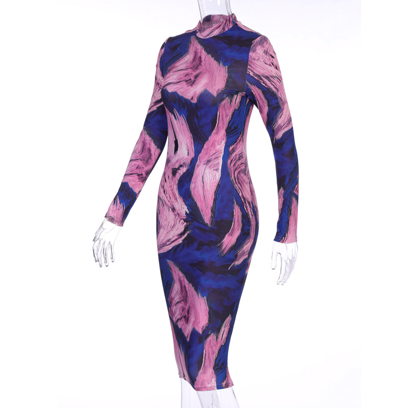 2021 High quality women midi dress  dye print long sleeve bodycon sexy streetwear autumn winter clubwear clothes