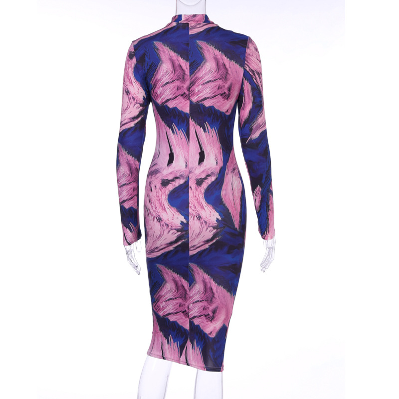 2021 High quality women midi dress  dye print long sleeve bodycon sexy streetwear autumn winter clubwear clothes