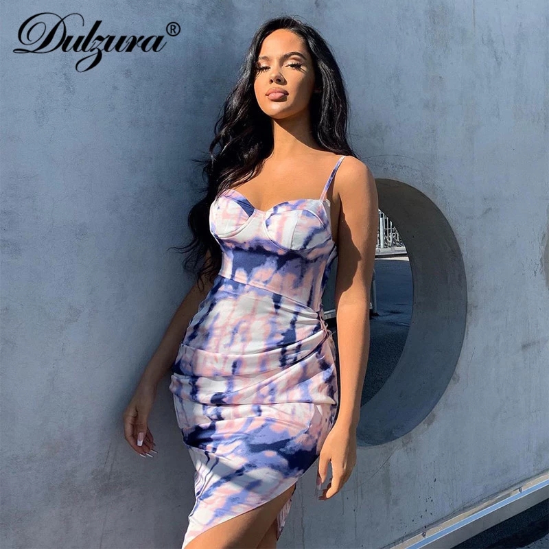 2021 High quality tie dye women midi dress strap  slit elegnat bodycon sexy summer clothes club streetwear sundress