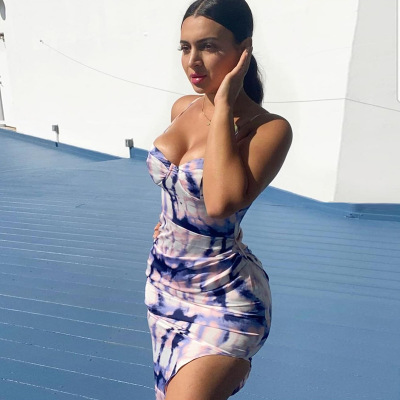 2021 High quality tie dye women midi dress strap  slit elegnat bodycon sexy summer clothes club streetwear sundress
