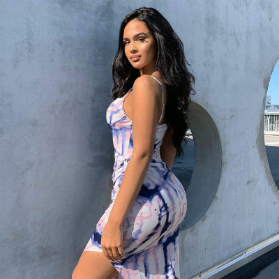 2021 High quality tie dye women midi dress strap  slit elegnat bodycon sexy summer clothes club streetwear sundress