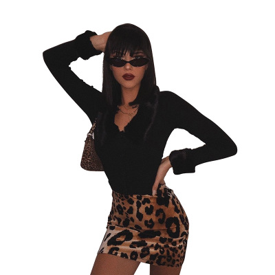 2021 High quality Autumn solid black stretch knitting crop top woman Soft fur collar design casual high top coat