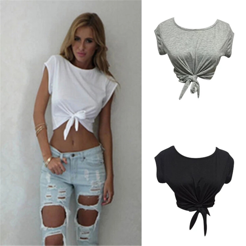 2021 High quality Women Knotted Tie Front Crop Tops Cropped T Shirt Casual Blouse Tanks camis White Grey Color