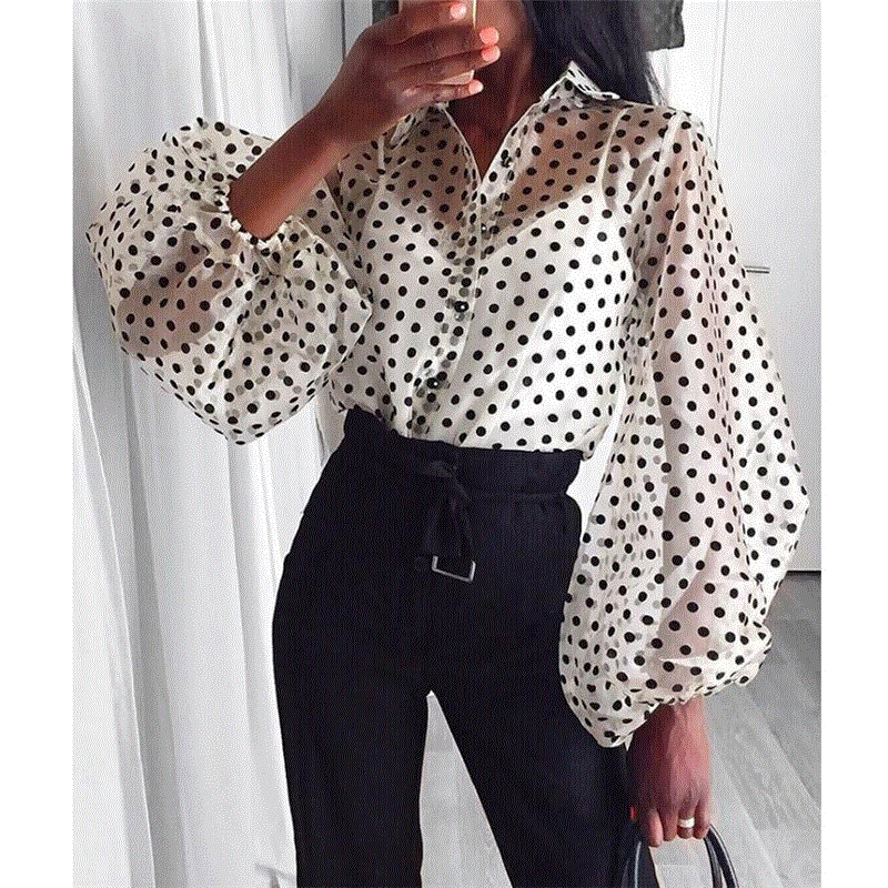 2021 High quality Women sheer long sleeve Blouse Autumn Modern Mesh Shirt See-through Loose Puff Sleeve shirts tops