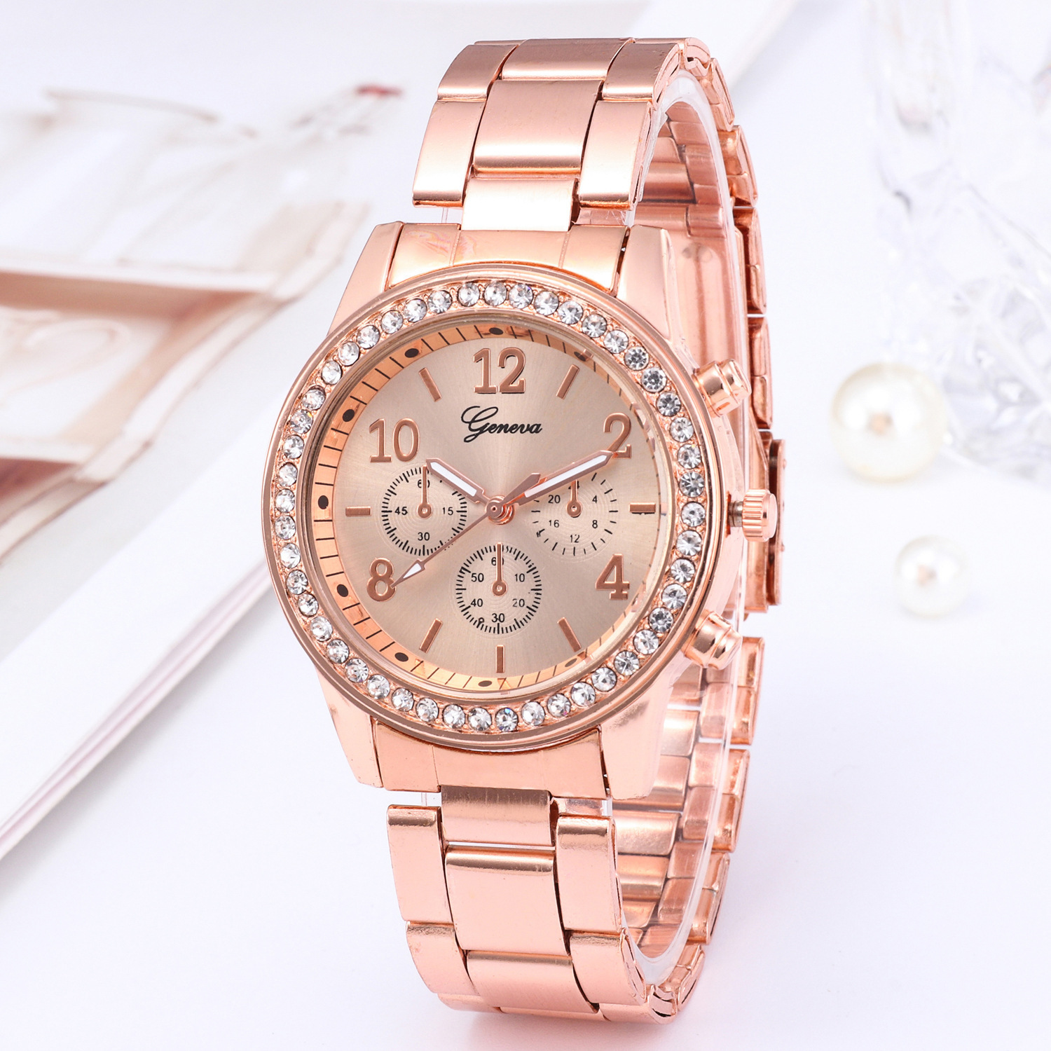 2021 High quality Women Watch Luxury Fashion Diamond crystal Studded Steel Three Eyes Quartz Watch Watch for women