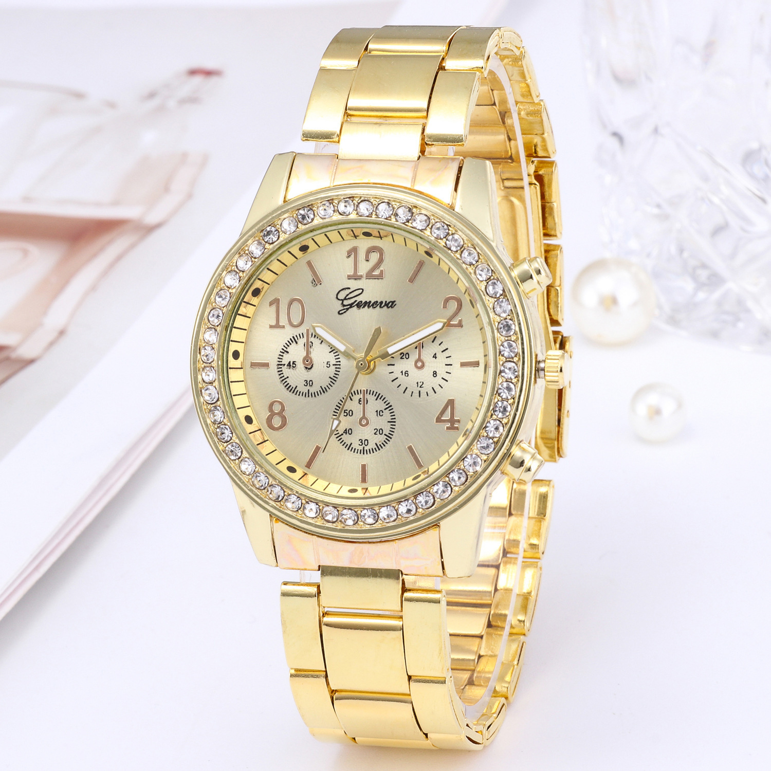 2021 High quality Women Watch Luxury Fashion Diamond crystal Studded Steel Three Eyes Quartz Watch Watch for women