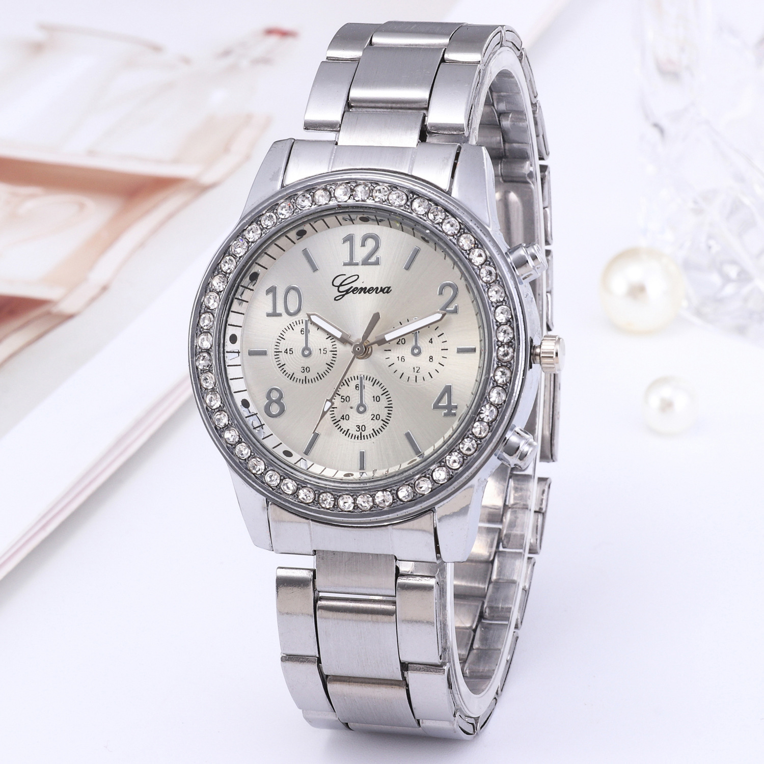 2021 High quality Women Watch Luxury Fashion Diamond crystal Studded Steel Three Eyes Quartz Watch Watch for women
