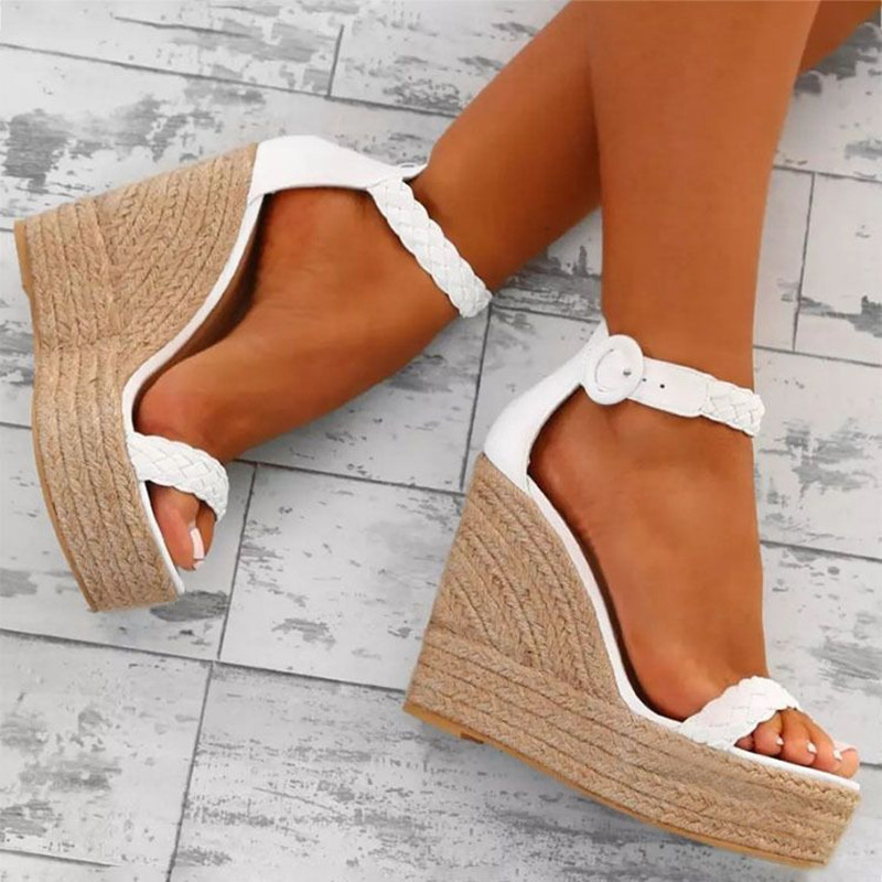 2021 High quality Woman Summer Sexy Wedge Sandals Platform Shoes  Fashion Straw Buckle Open Toe Casual Female Footwear