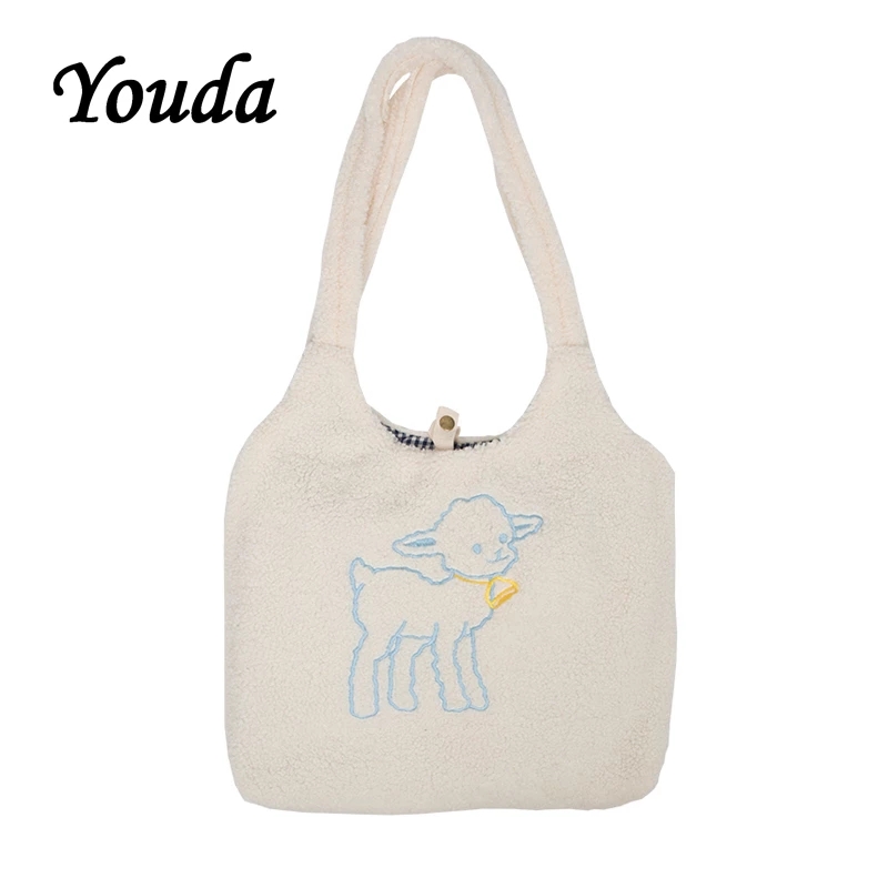 2021 High quality Women Lamb Fabric Shoulder Bag Canvas Handbag Tote Large Capacity Embroidery Cute Bags