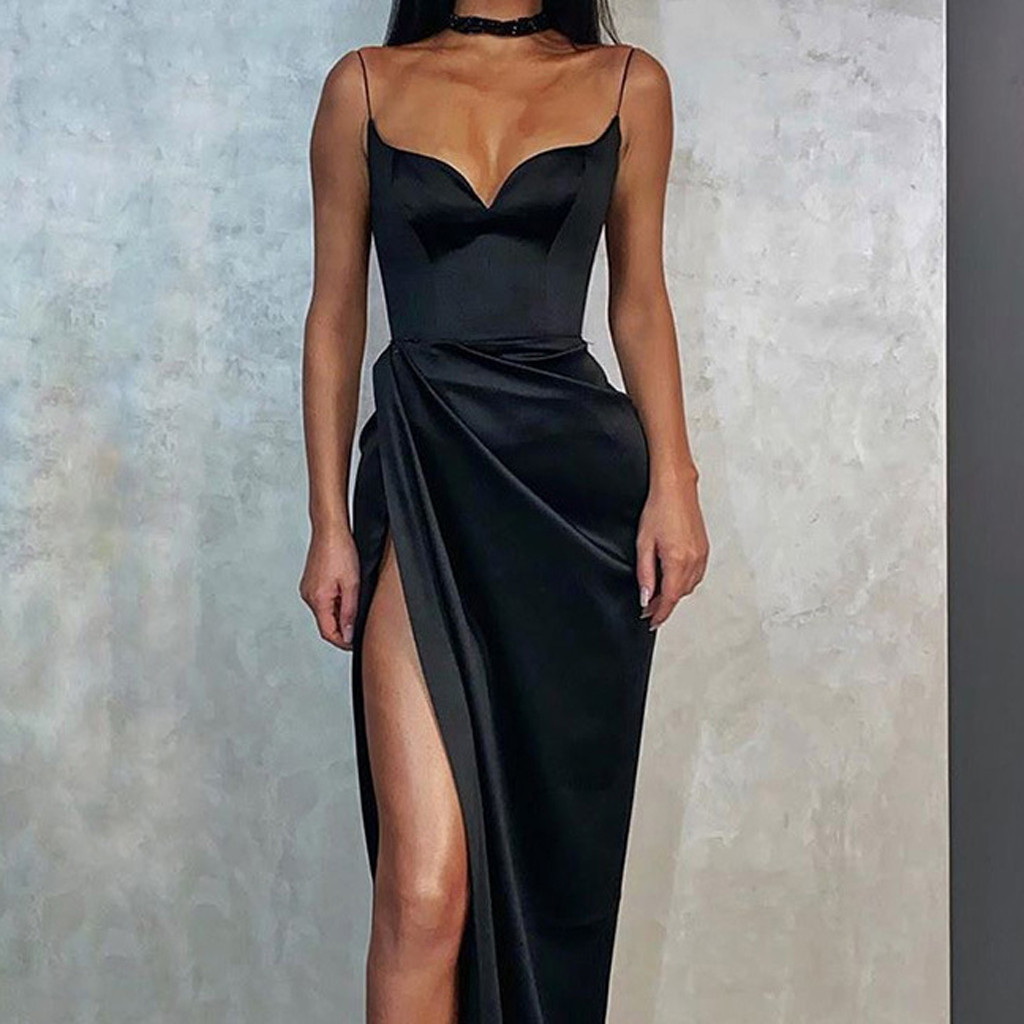 2021 High quality Fashion Women Fashion  V-neck Fork Opening Strap Sleeveless Slim Bodycon Evening Party Long Dress