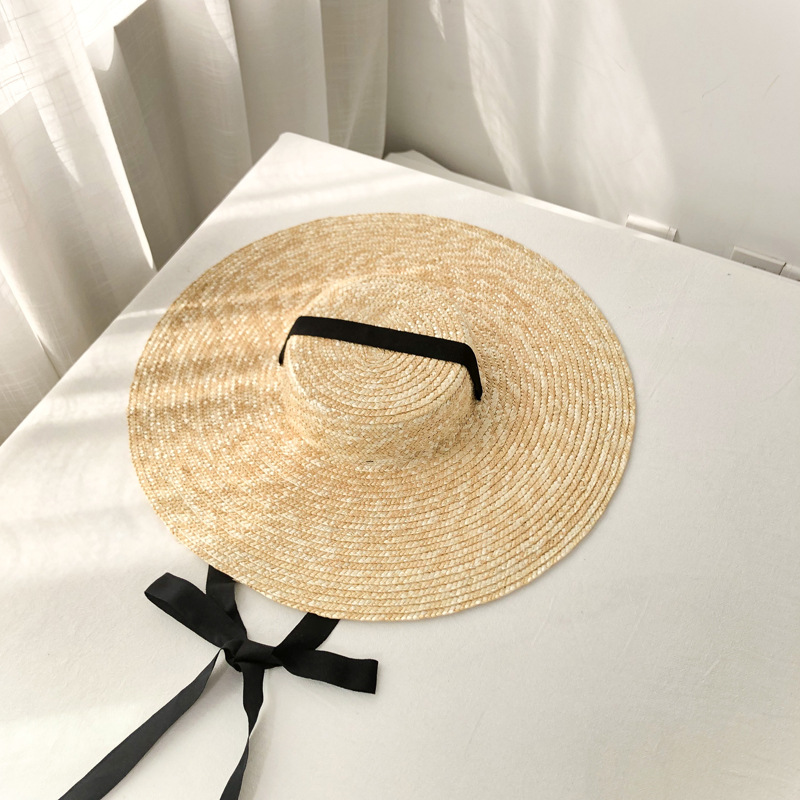 2021 High quality Summer Hats For Women 10cm/15cm/18cm Brim With BlackandWhite Ribbon Beach Cap Boater Flat Top Sun Hat