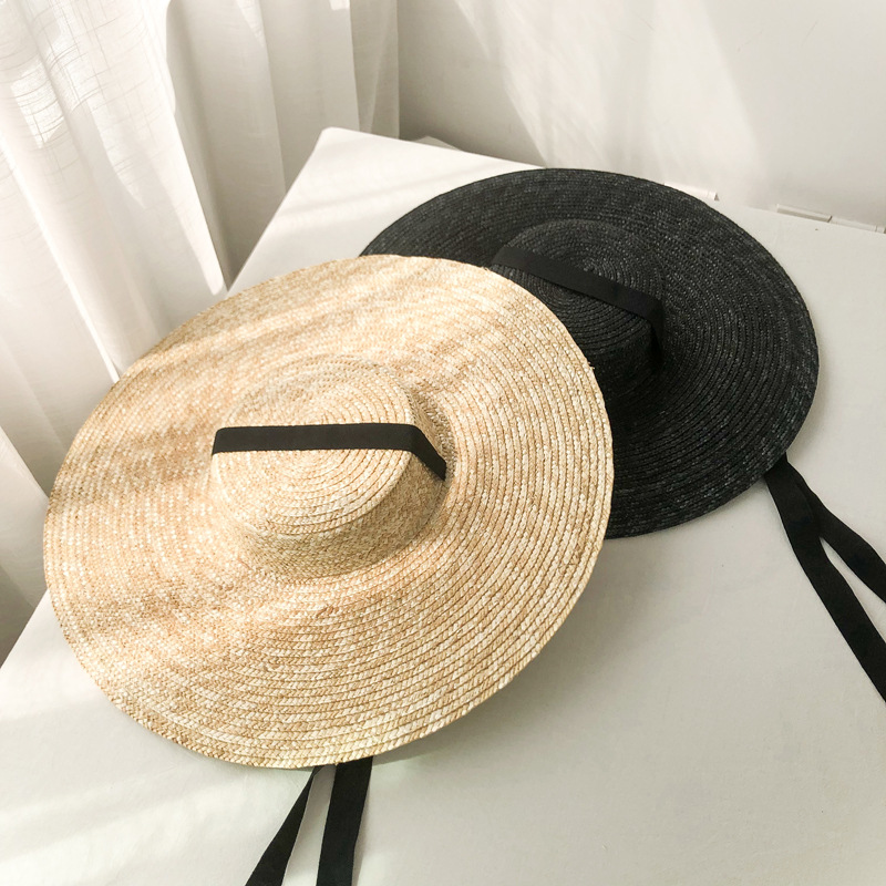 2021 High quality Summer Hats For Women 10cm/15cm/18cm Brim With BlackandWhite Ribbon Beach Cap Boater Flat Top Sun Hat