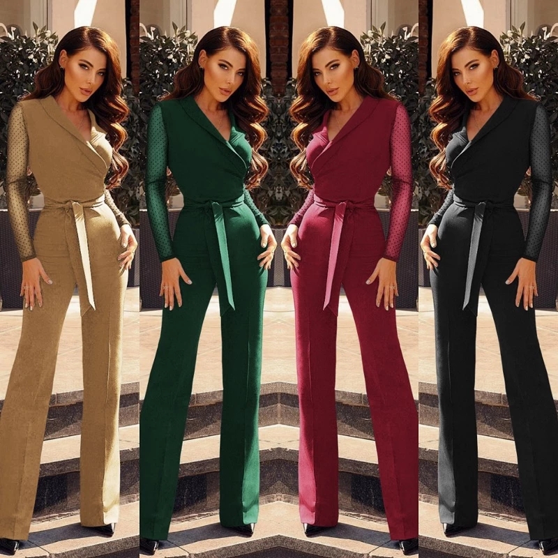 2021 High quality Fashion Long Sleeve Patchwork Elegant Jumpsuit Women Body Femme Bodycon Jumpsuits One Piece Tops