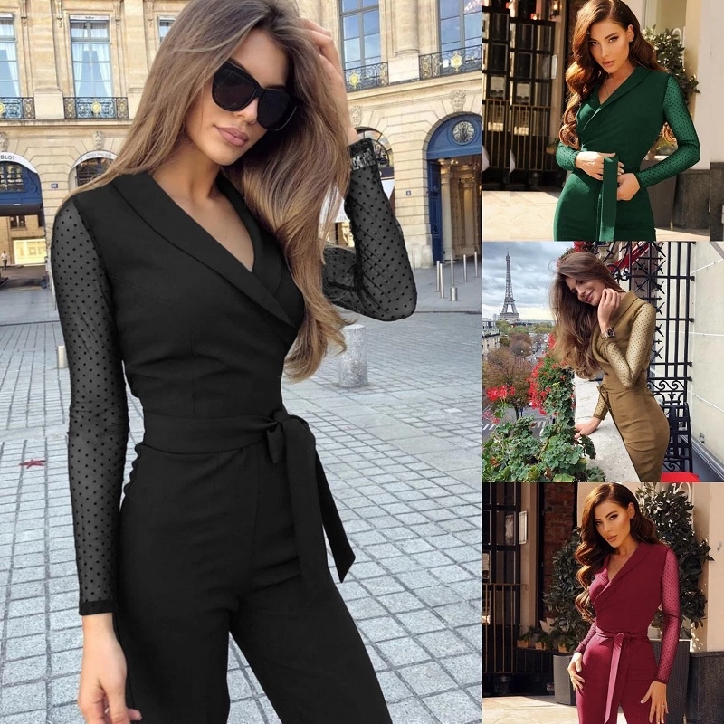 2021 High quality Fashion Long Sleeve Patchwork Elegant Jumpsuit Women Body Femme Bodycon Jumpsuits One Piece Tops