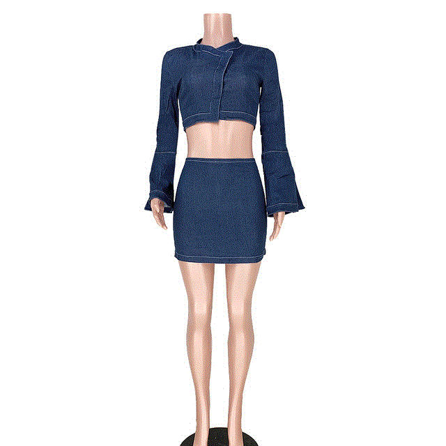 2021 High quality Autumn Women  Denim Jean Dress  Horn Sleeve Zipper Sexy Denim Dress Vintage Cute Wind Party Dresses