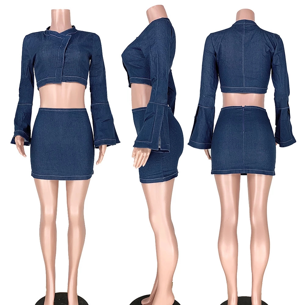 2021 High quality Autumn Women  Denim Jean Dress  Horn Sleeve Zipper Sexy Denim Dress Vintage Cute Wind Party Dresses