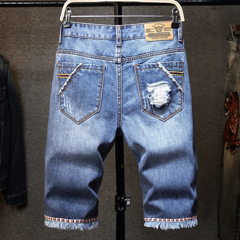 2021 High quality Summer New Men's Ripped Light Blue Short Jeans Fashion Casual Slim Fit Denim Shorts