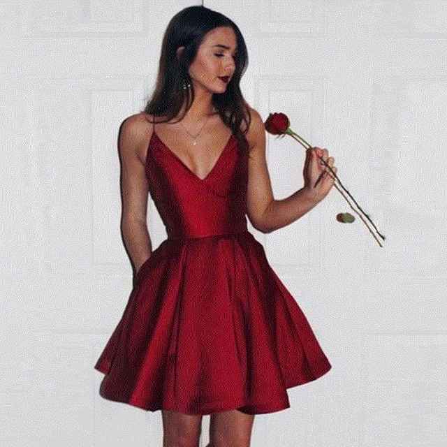 2021 High quality Sexy Spaghetti Straps Short Dark Red Satin Party Nightclub Simple V Neck Sleeveless Summer  Dress