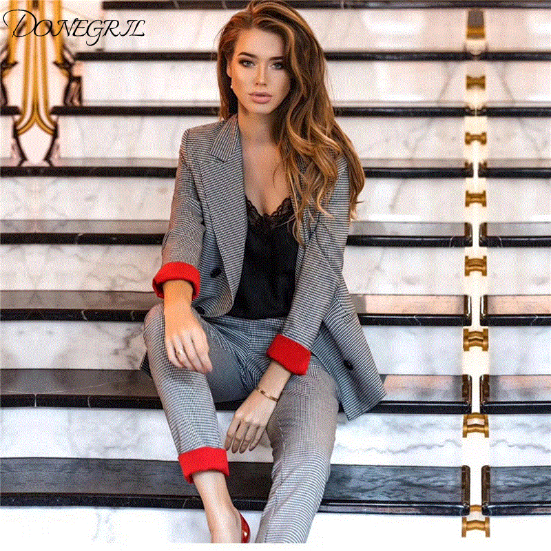 Plaid Women Suit Set 2 Piece Blazer Jacket & Straight Pant Women Suit Set Red Cuff Workwear