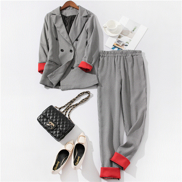 Plaid Women Suit Set 2 Piece Blazer Jacket & Straight Pant Women Suit Set Red Cuff Workwear