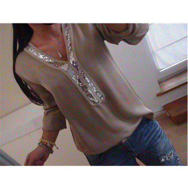 2021 High quality Hot Plus Size Sequin Chiffon Boho Blouse Women Solid Color V Neck Long Sleeve Casual Loose Tee Shirt