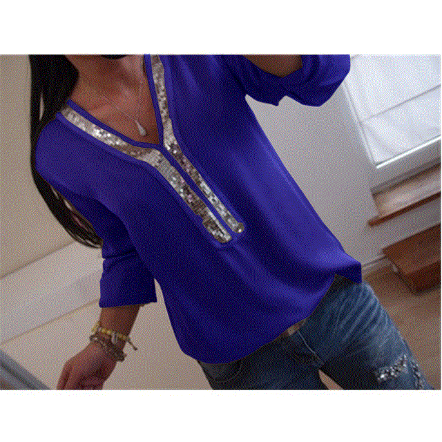 2021 High quality Hot Plus Size Sequin Chiffon Boho Blouse Women Solid Color V Neck Long Sleeve Casual Loose Tee Shirt