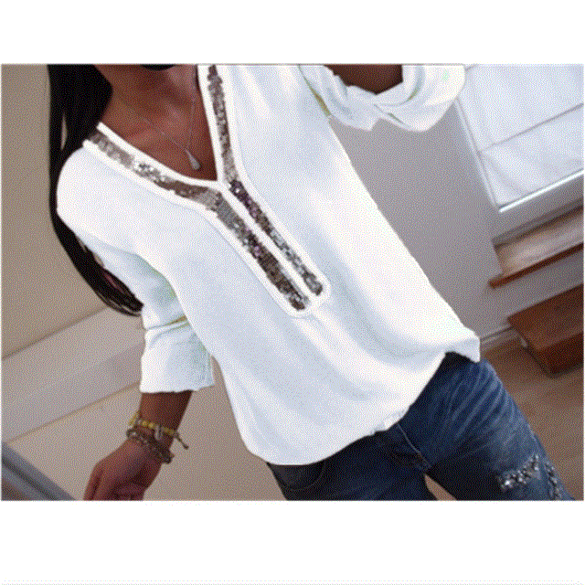 2021 High quality Hot Plus Size Sequin Chiffon Boho Blouse Women Solid Color V Neck Long Sleeve Casual Loose Tee Shirt