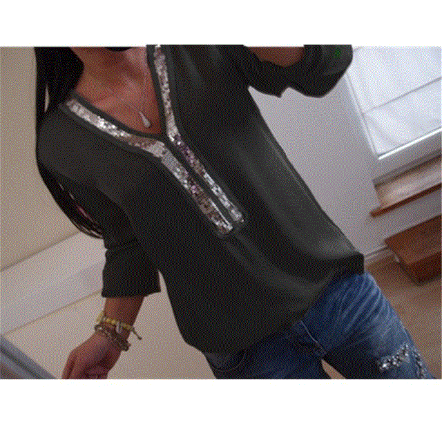 2021 High quality Hot Plus Size Sequin Chiffon Boho Blouse Women Solid Color V Neck Long Sleeve Casual Loose Tee Shirt