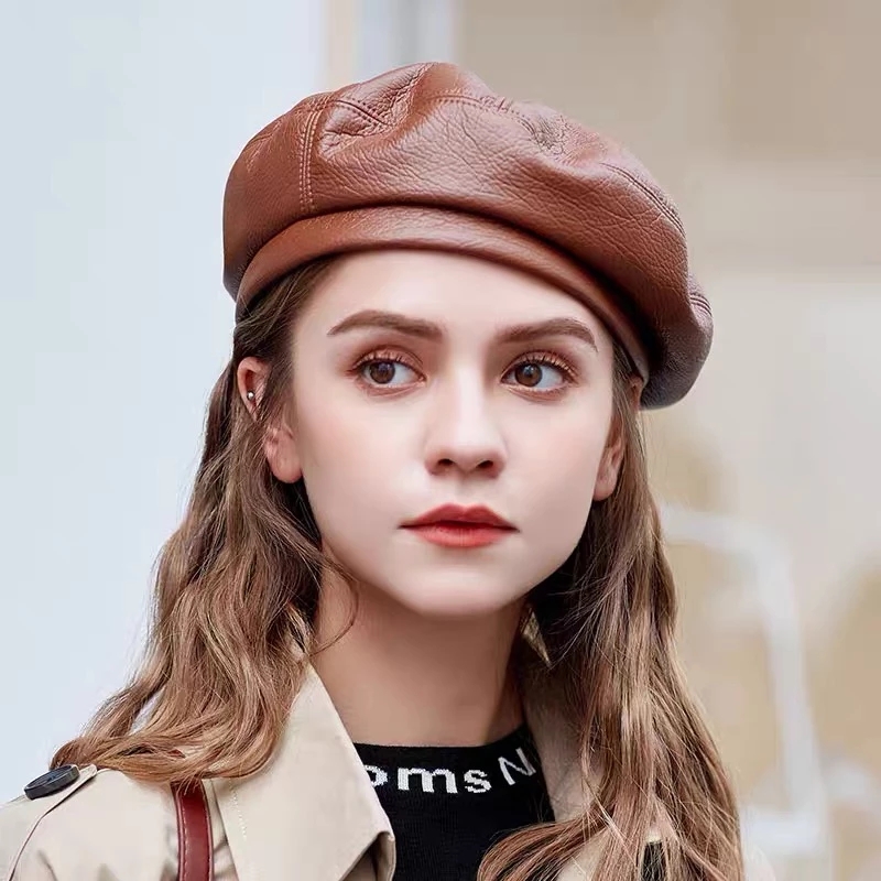2021 High quality Fashion Women PU leather Berets Ladies Black Flat Beret Hat Autumn Winter Artist Hats Wholesale
