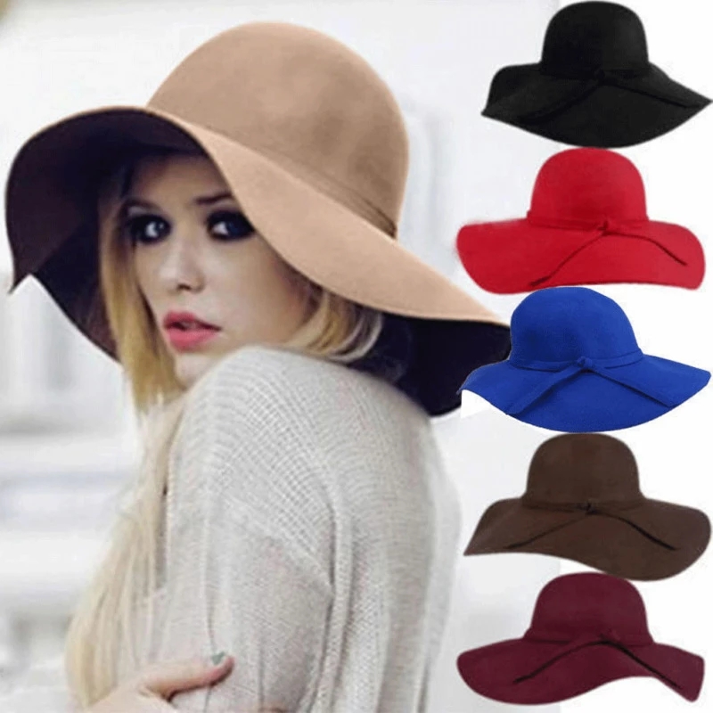 2021 High quality Retro Classic Women Fedora Bucket Sweet Caps Wide Brim Top Sun Hat Ladies Solid Fedoras