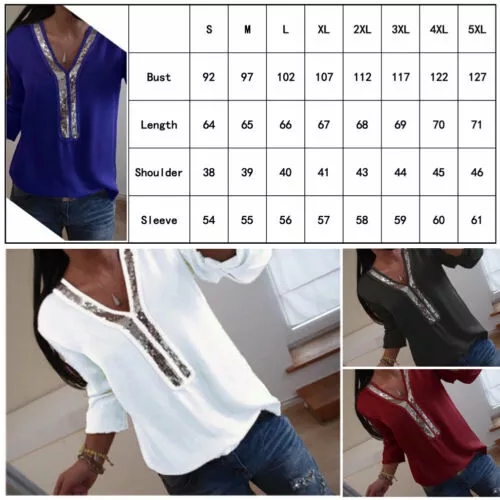 2021 High quality Hot Plus Size Sequin Chiffon Boho Blouse Women Solid Color V Neck Long Sleeve Casual Loose Tee Shirt