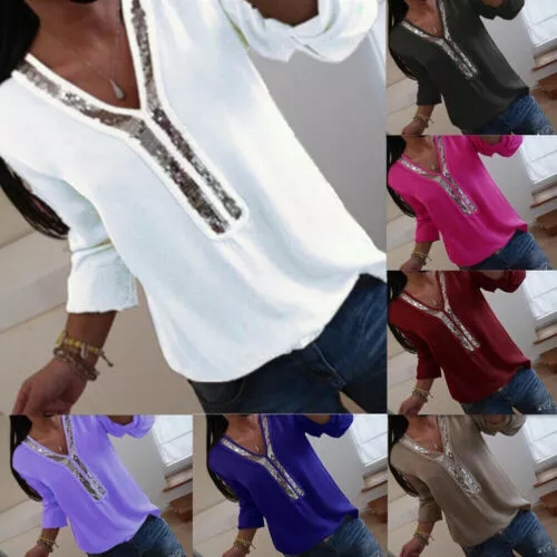 2021 High quality Hot Plus Size Sequin Chiffon Boho Blouse Women Solid Color V Neck Long Sleeve Casual Loose Tee Shirt