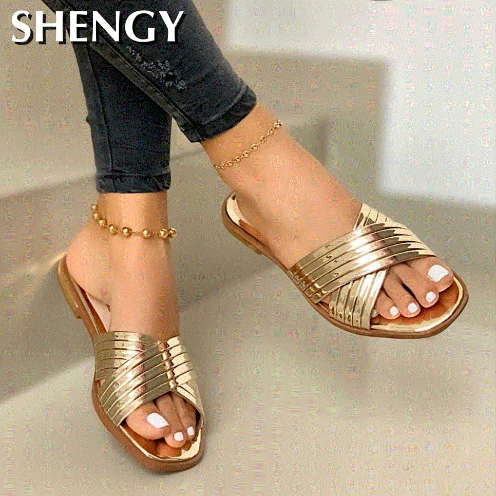 2021 High quality Slippers Beach Summer Shoes Bling Gold Female Flat Slides Casual Ladies Sandals Plus Size 35-43