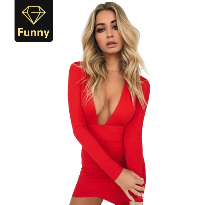 2021 High quality Black Deep V Neck Bottom Chest Sexy Bodycon Long Sleeve Autumn Women Mini Dress Party Club Clothes