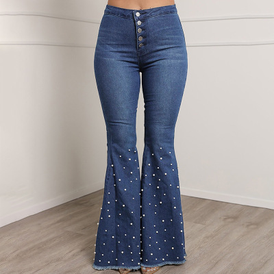 2021 High quality Women High Waist Button Bodycon Denim Flare Jeans Skinny Plus Size Stretch Bell Bottom Trousers